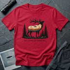 We Come in Disguise UFO t-shirt with deer double exposure hiding three saucers in mountain skyline, red