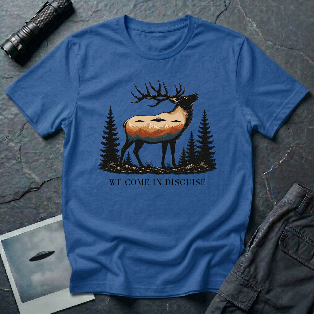 We Come in Disguise UFO t-shirt with deer double exposure hiding three saucers in mountain skyline, blue