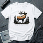 We Come in Disguise UFO t-shirt with deer double exposure hiding three saucers in mountain skyline, white