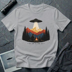 We Saw the Same Sky UFO t-shirt with father and child at campfire watching saucer over mountains, grey