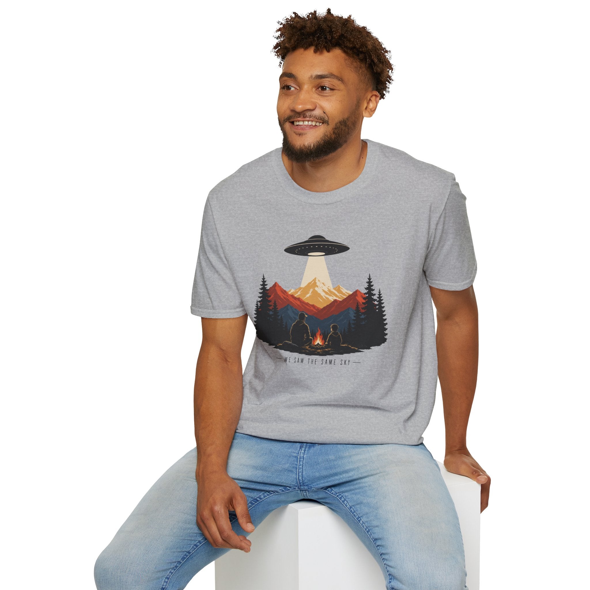 We Saw the Same Sky UFO t-shirt with father and child at campfire watching saucer over mountains, grey