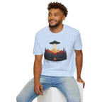 We Saw the Same Sky UFO t-shirt with father and child at campfire watching saucer over mountains, light blue