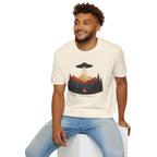 We Saw the Same Sky UFO t-shirt with father and child at campfire watching saucer over mountains, natural
