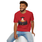We Saw the Same Sky UFO t-shirt with father and child at campfire watching saucer over mountains, red