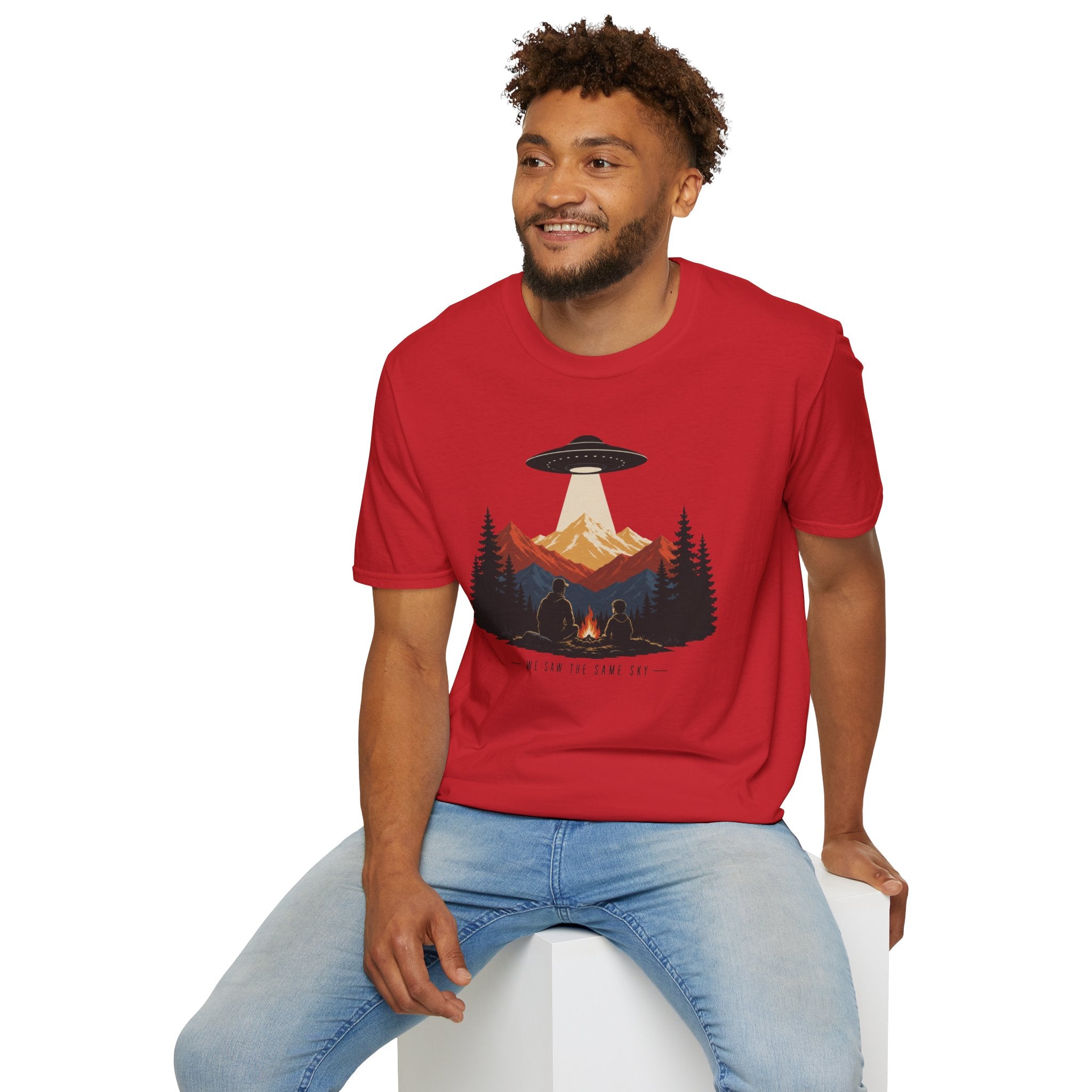 We Saw the Same Sky UFO t-shirt with father and child at campfire watching saucer over mountains, red