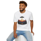 We Saw the Same Sky UFO t-shirt with father and child at campfire watching saucer over mountains, white