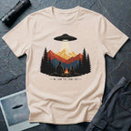 We Saw the Same Sky UFO t-shirt with father and child at campfire watching saucer over mountains, natural