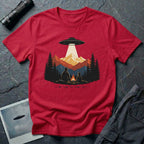 We Saw the Same Sky UFO t-shirt with father and child at campfire watching saucer over mountains, red