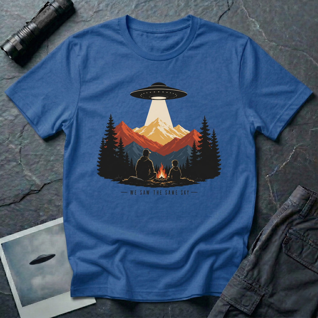 We Saw the Same Sky UFO t-shirt with father and child at campfire watching saucer over mountains, royal blue