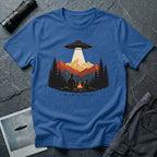 We Saw the Same Sky UFO t-shirt with father and child at campfire watching saucer over mountains, royal blue