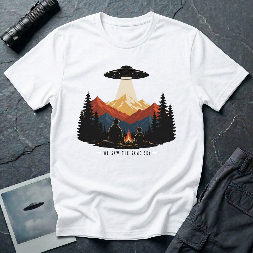 We Saw the Same Sky UFO t-shirt with father and child at campfire watching saucer over mountains, white