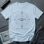 Light blue UFO t-shirt with a flying saucer at the centre of orbital rings and sacred geometry in black with the word WITNESS beneath