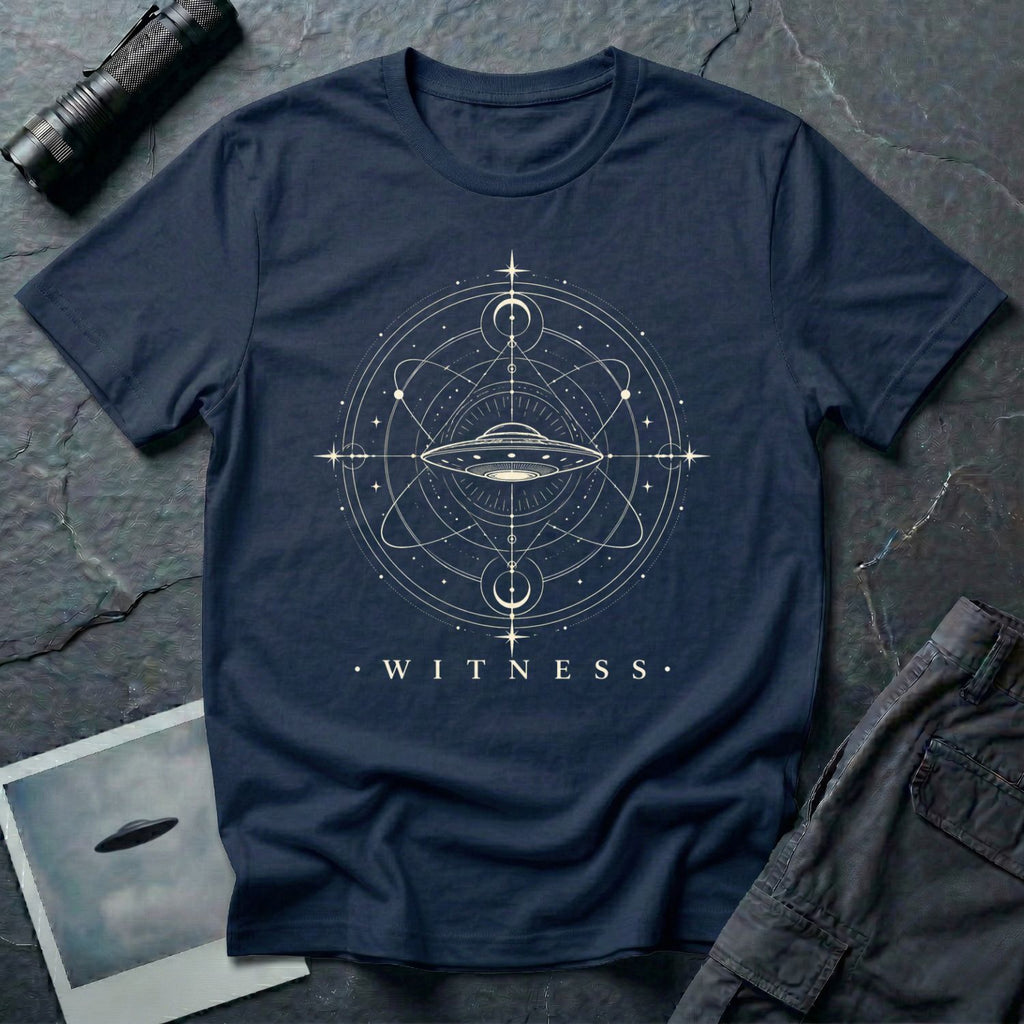 Navy blue UFO t-shirt with a flying saucer at the centre of orbital rings and sacred geometry in white with the word WITNESS beneath