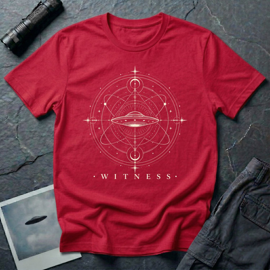 Red UFO t-shirt with a flying saucer at the centre of orbital rings and sacred geometry in white with the word WITNESS beneath