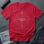 Red UFO t-shirt with a flying saucer at the centre of orbital rings and sacred geometry in white with the word WITNESS beneath
