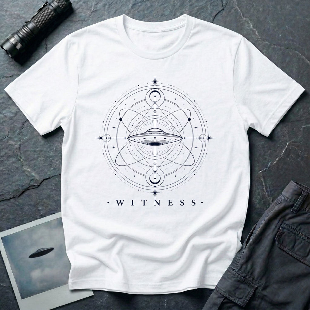 White UFO t-shirt with a flying saucer at the centre of orbital rings and sacred geometry in black with the word WITNESS beneath