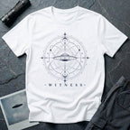 White UFO t-shirt with a flying saucer at the centre of orbital rings and sacred geometry in black with the word WITNESS beneath