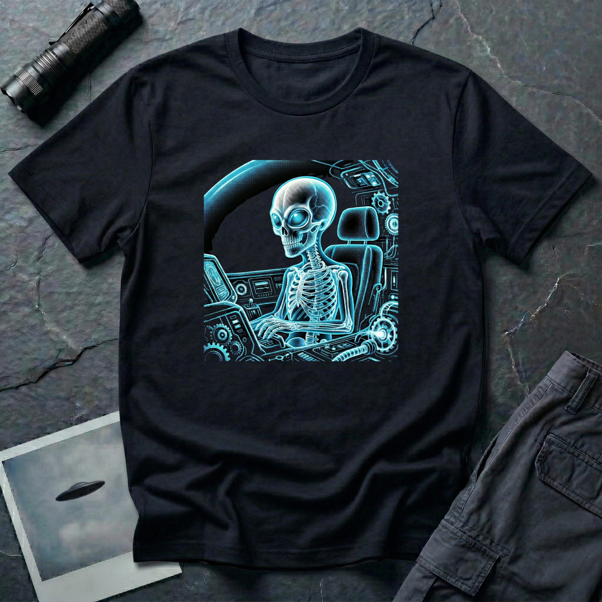 X-Ray Alien Pilot t-shirt — skeletal grey alien driving a UFO cockpit rendered in cyan X-ray linework on black cotton tee